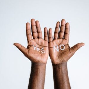 Two hands with 'Yes' and 'No' on palms depicting choice and decision making.