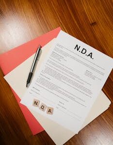 A close-up view of an NDA document, pen, and files on a wooden surface, perfect for legal or business themes.
